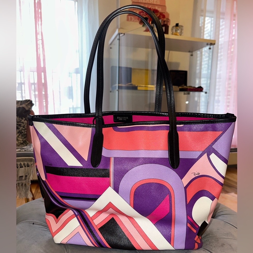 Authentic Emilio Pucci Medium Tote In Pink Multi Color With matching Pouch